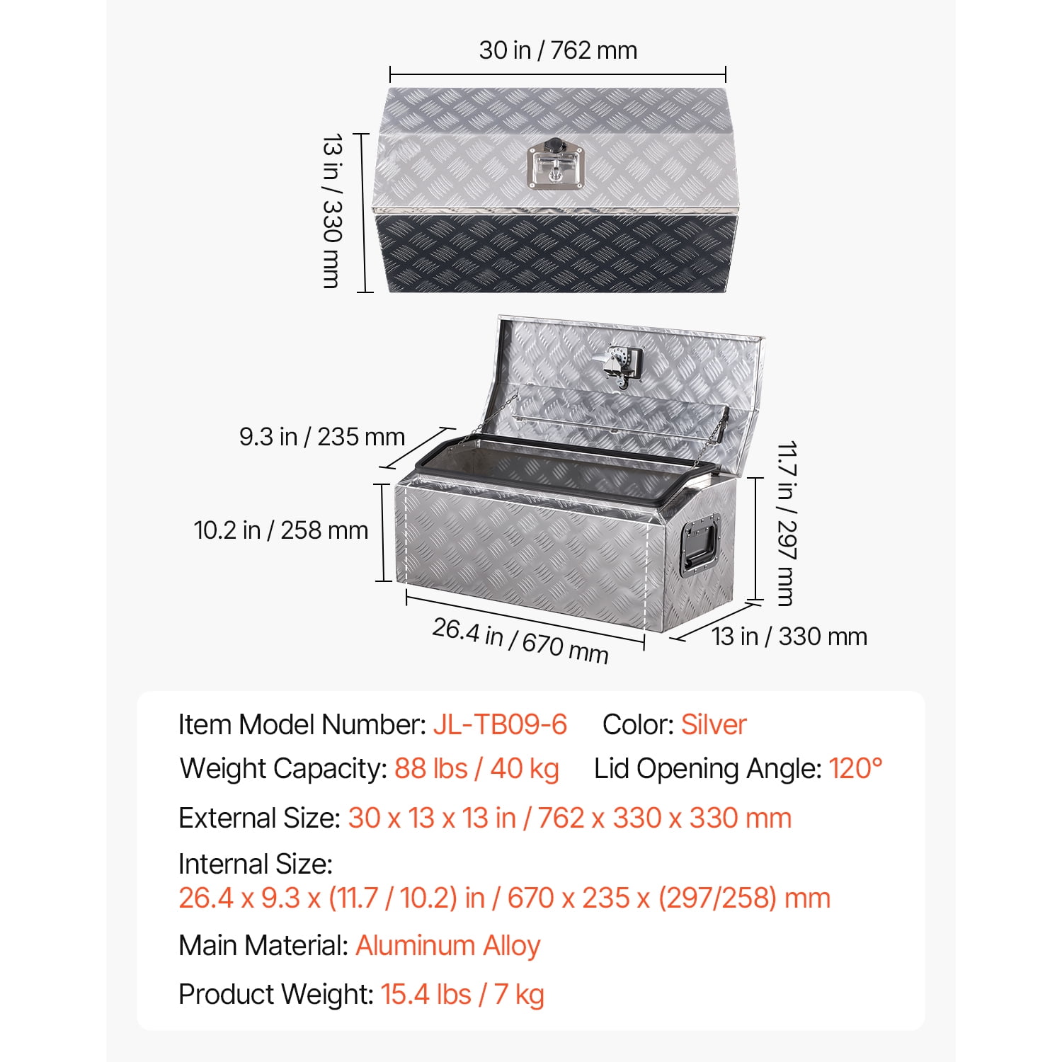 KFFKFF Durable Aluminum Truck Bed Tool Box, Striped Storage Box with Side Handle and T-Lock Keys, Organizer Chest for Trailer, Pickup, RV, 30"x13"x13", Silver