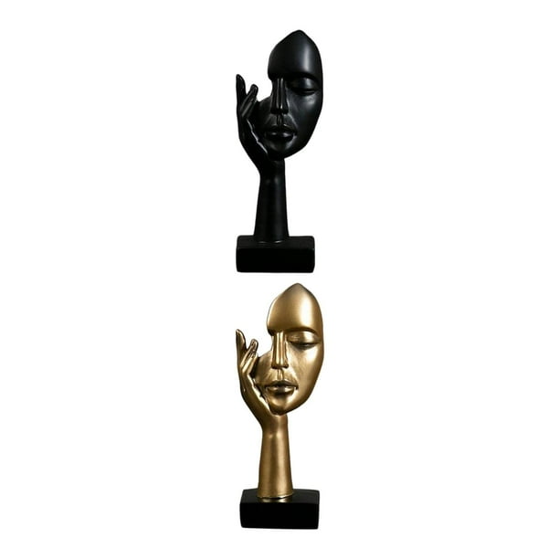2x Esculturas modernas nórdicas abstractas con rostros, estatuas decorativas, doradas y negras. dorado y negro