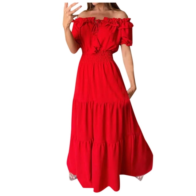 Womens Summer Dresses Fashion Solid Ruffled Off Shoulder Puff Sleeve Maxi Fashion Elegant Plus Size Dress RD1 S