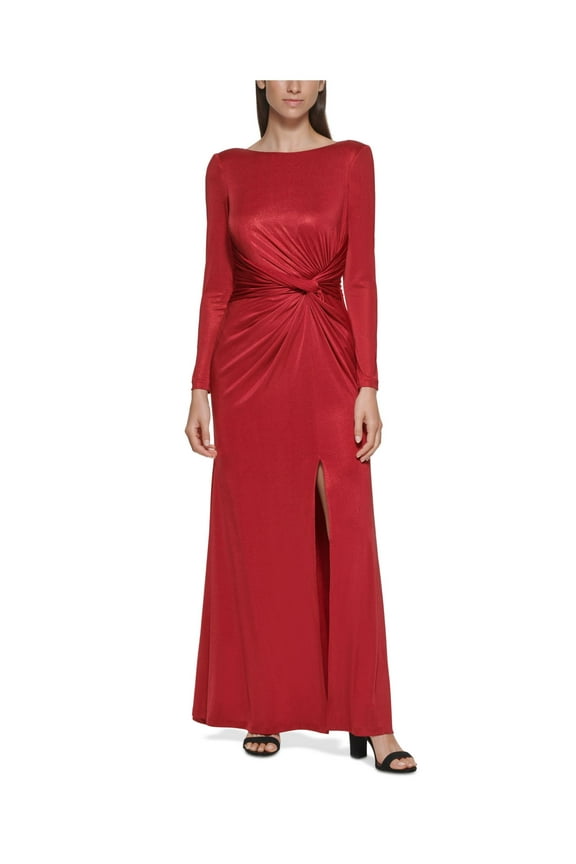 Womens Red Metallic Gathered Zippered Slitted Long Sleeve Boat Neck Full-Length Evening Gown Dress Petites 2P