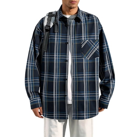 Mens Golf Polo Shirts Checked Loose Fit Long Sleeved Everyday Mens Activities Shirt Navy 2XL