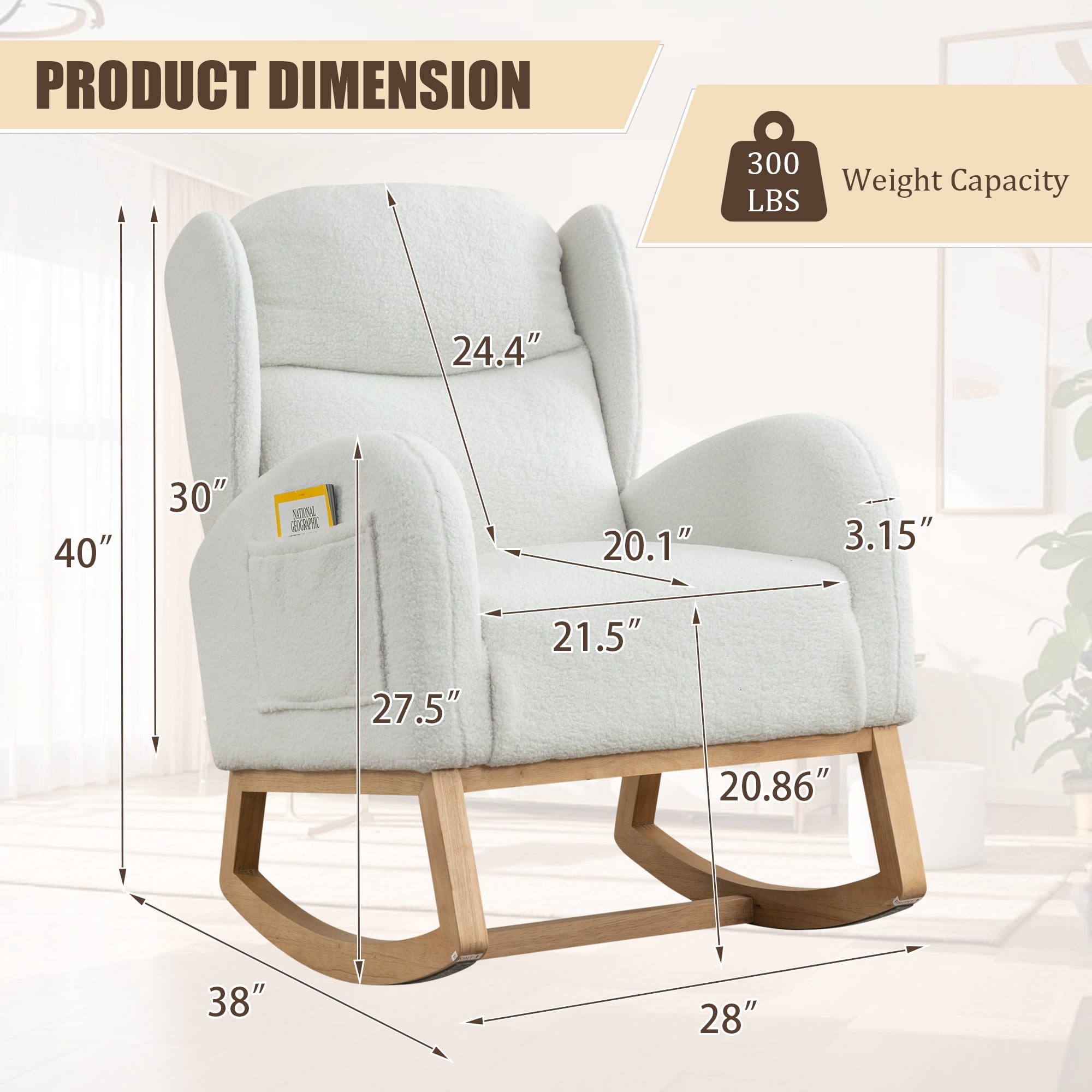 FFH Rocking Chair for Nursery, Teddy Glider Rocker, Reading Chair, Accent Chair, Ivory