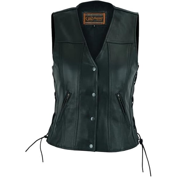 Daniel Smart Women’s Faux Leather Motorcycle Vest – V-Neck Biker Vest with Side Lacing, Smart Pockets & Vintage Snap Front