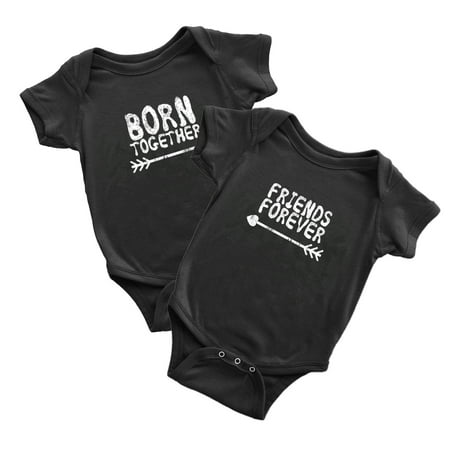 

Baby Twins Bodysuit Outfit Born Together Friends Forever Cute Twins Baby Clothes (Black 6-12M)