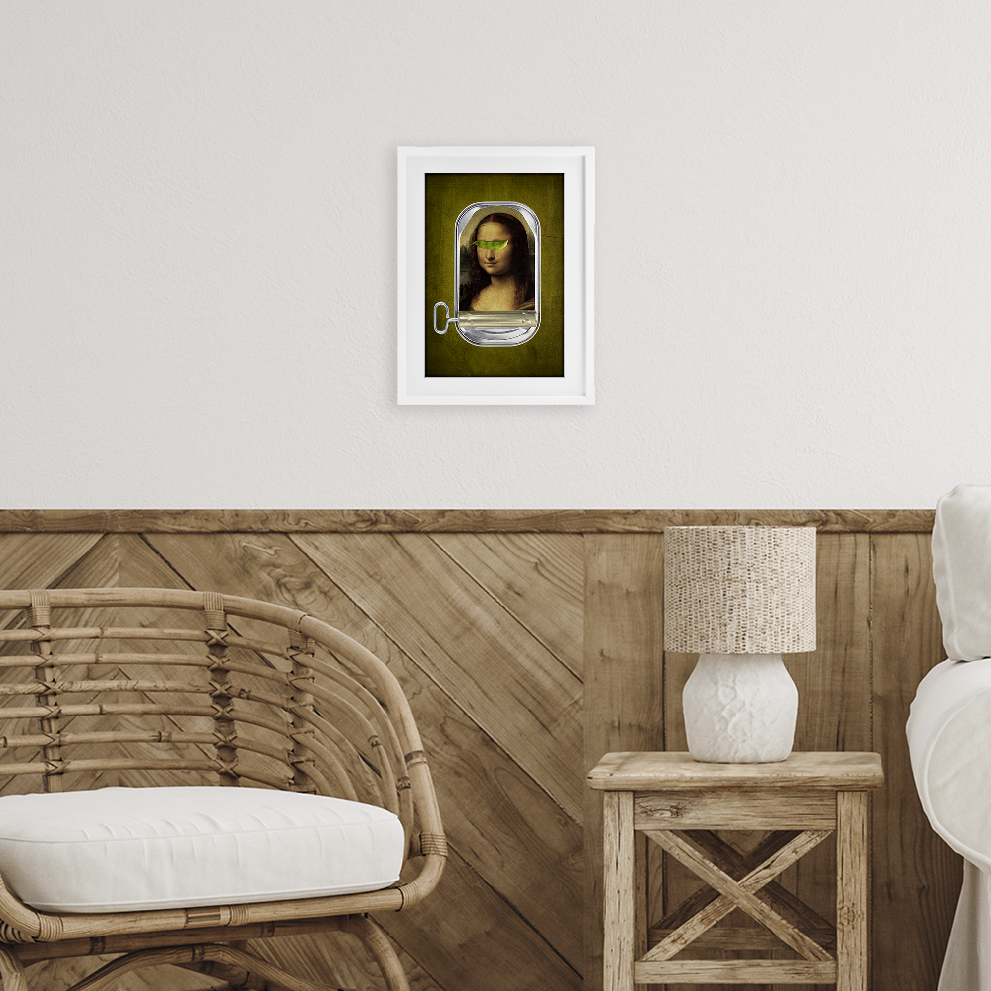 Canned Mona Lisa White Framed Print Under Glass, design by Elo Marc