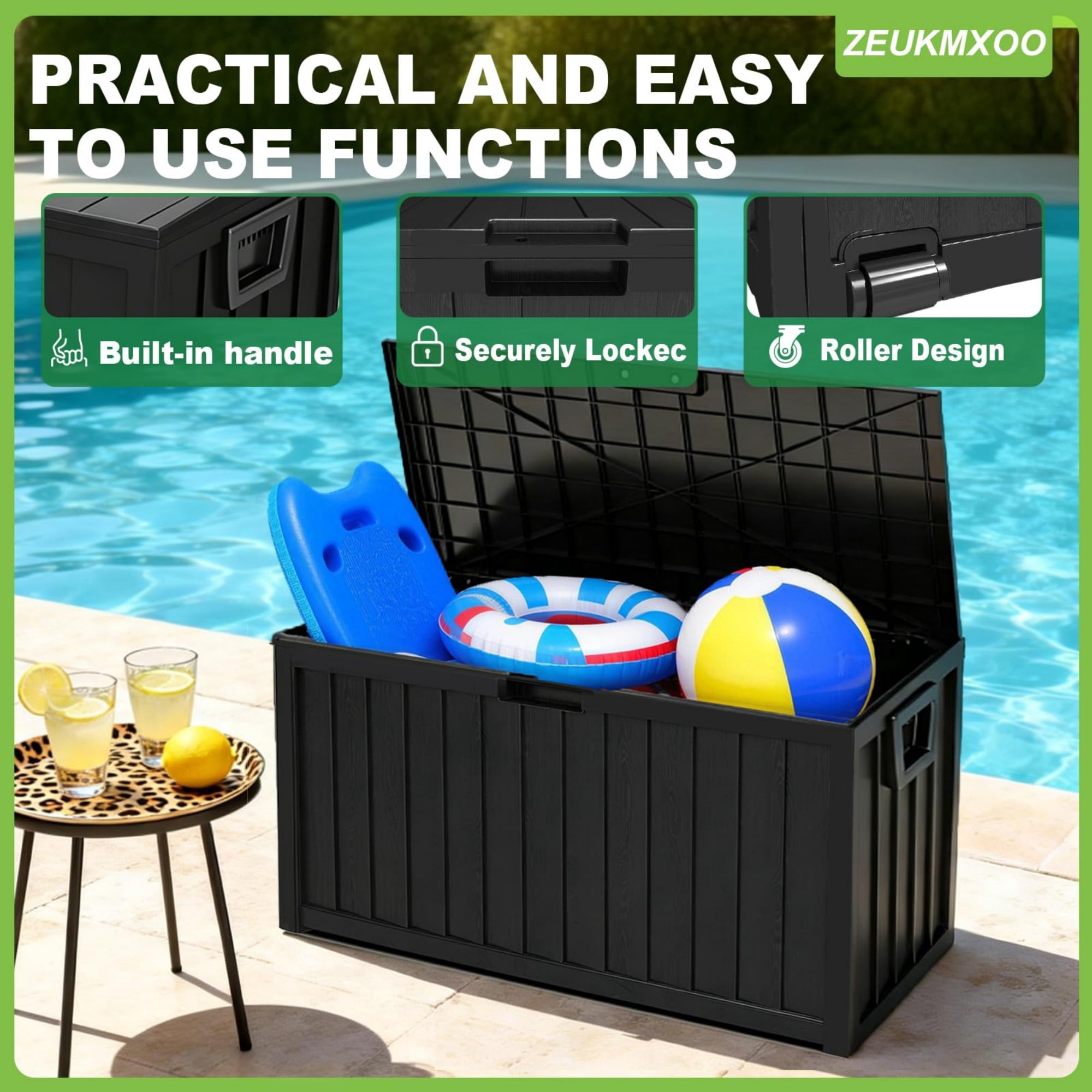 75 Gallon Outdoor Storage Box Waterproof, Lockable Deck Box with Wheels, 350 lbs Bench Patio Storage for Cushions, Garden Tools, Pool, Black