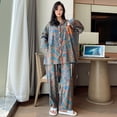 thumbnail image 3 of Pijama de algodón de gran tamaño para mujer, conjunto de dos piezas con pantalones de manga larga y estampado de dibujos animados, cárdigan de solapa para primavera y otoño, pijama fino, 3 of 6