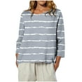 thumbnail image 2 of Womens Tops 3/4 Sleeve Printed Stripe Round Neck Casual T-shirt Loose Tops Gray L, 2 of 6