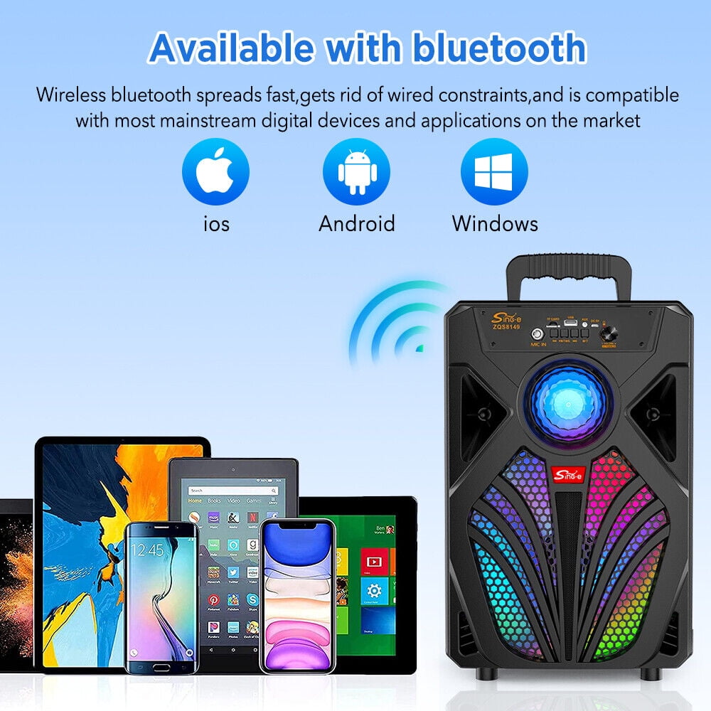 8Inch Portable Bluetooth 5.0 Speaker, Party Speaker Stereo Subwoofer Heavy Bass Sound System with Colorful LED Lights and Mic, Black