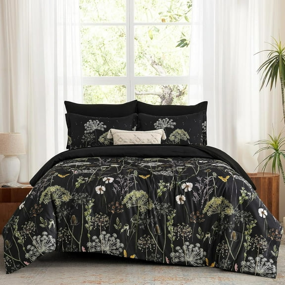7 Piece Black Dandelion Floral Queen Comforter Set Bedding Set Winter Bed in a Bag With Sheets for All Season