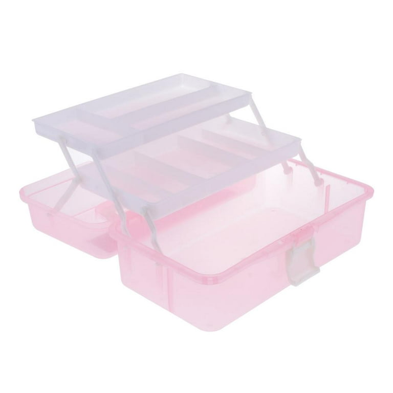 Essential 12.4x6.7x5.7inch Art Supply Craft Storage Tool Box, Semi-clear  With 3 Trays Pink