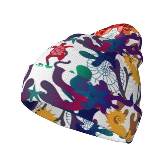 Picia Starfish And Turtle Pattern Knitted Beanie Hat for Men and Women , Unisex Winter Warm Stretchy Knit Cap Thick Fisherman Beanies Cuffed Plain Skull Caps