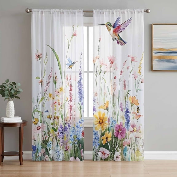 Hummingbird Floral Sheer Curtains 96 Inch Length 2 Panels Set, Farmhouse Floral Botanical Voile Window Treatment Semi Sheer Long Curtains Drapes for Bedroom/Living Room/Kitchen 52"x96"x2
