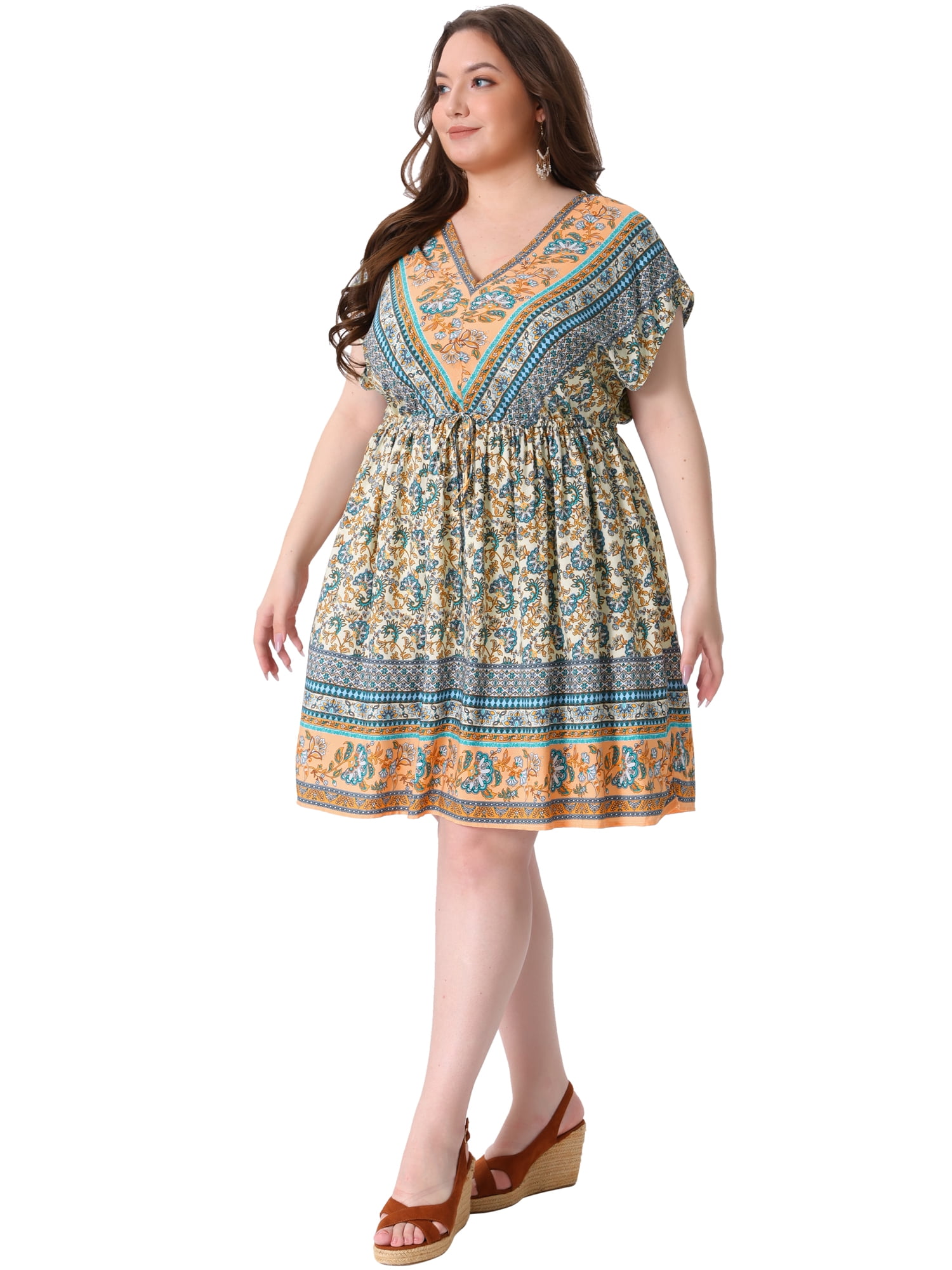 DARING DIVA Women's Plus Size V Neck Drawstring Waist Floral Dress 2X Beige