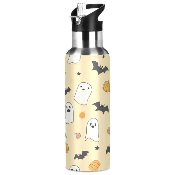 1000ml Vacuum Insulated Sports Water Bottle with Foldable Straw Stainless Steel Portable Thermos Cup Halloween-themed Pattern Design
