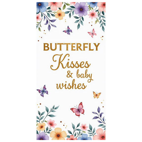 Floral Design Butterfly Kisses Baby Wishes Banner Decorative Art for Baby Shower Spring Party Event Background