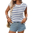 thumbnail image 3 of Women'S Ribbed Sweater Crew Neck Short Sleeve Loose Fit Stripe Knit Pullover Tops Blue M, 3 of 10