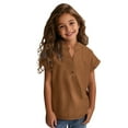 thumbnail image 7 of DeHolifer Shirts for Girls Cotton Linen V-Neck Button Solid Color Summer Casual Short Sleeve Shirts Tops,Brown,5 Years, 7 of 7