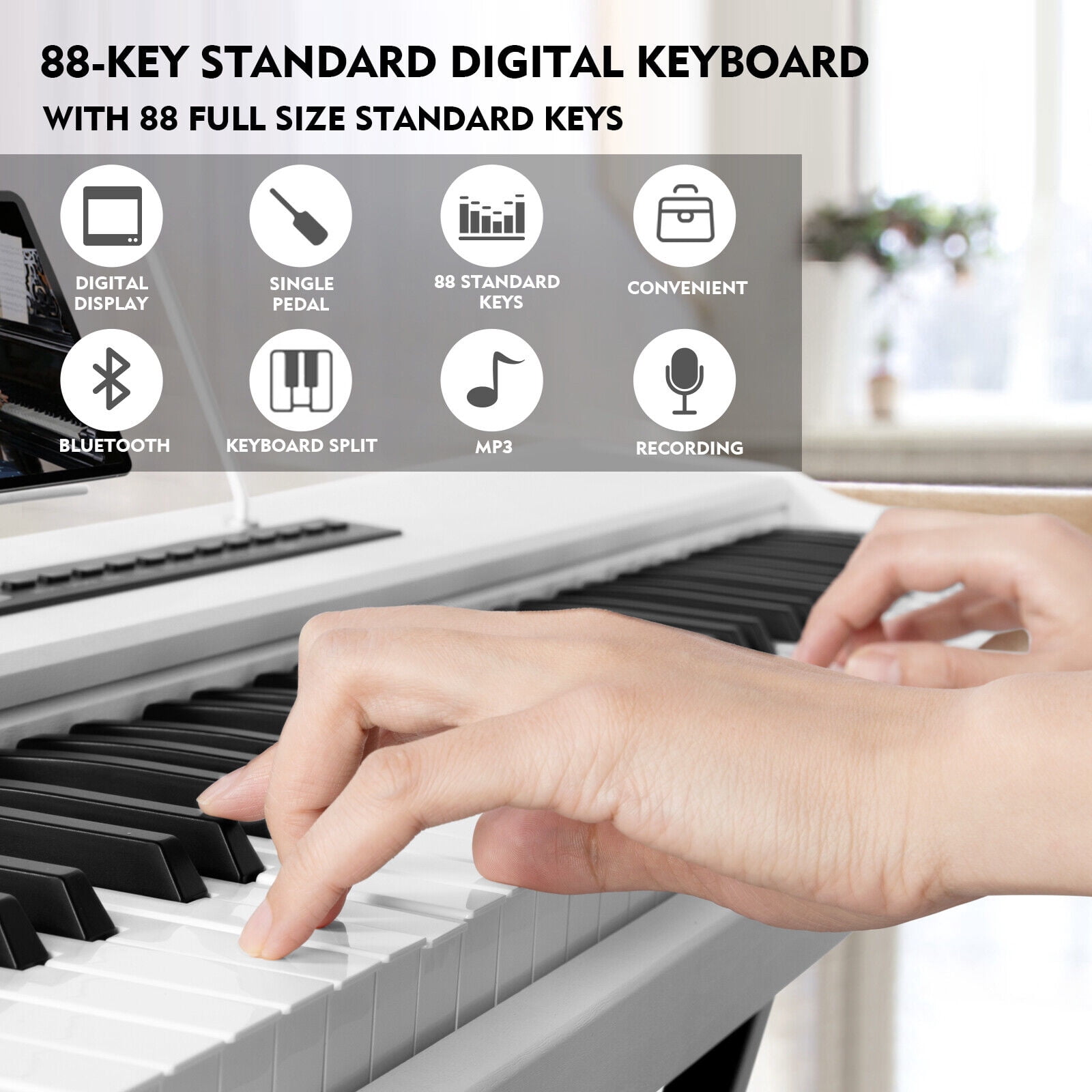MUSTAR Portable 88 Keys Semi Weighted Digital Piano Electric Full Size Keyboard with Stand,Bluetooth,Sustain Pedal,Storage Bag(White)