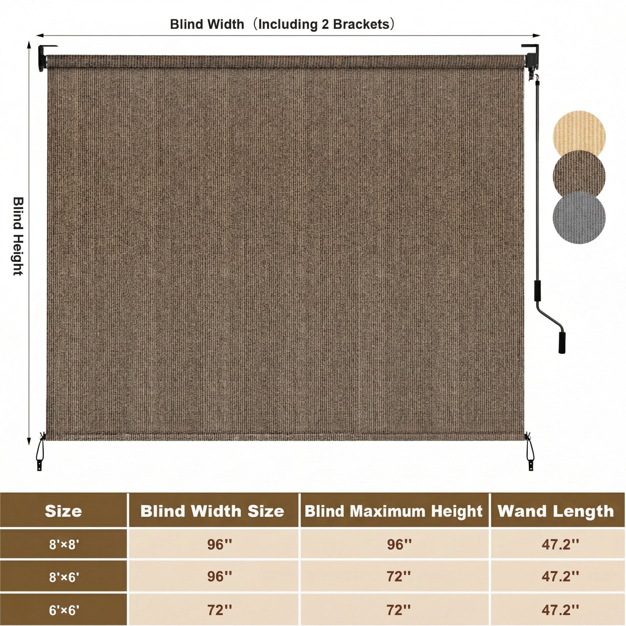 LIFERUN Outdoor Roller Sun Shade 8'W x 6'H, HDPE shade cloth, aluminum tube, cordless wand crank,for pergola/patio/porch/garden (Coffee)