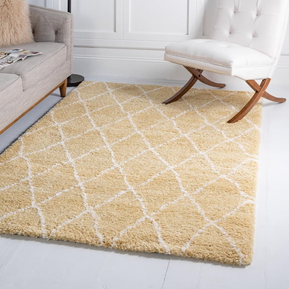 Unique Loom Rabat Shag Collection Area Rug - Trellis (9' x 12' 2" Rectangle Yellow/Ivory)