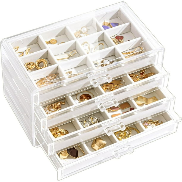Caja Organizador para Joyas Pendiente, Acrílico Bandeja Apilable Joyero Transparente para Arete Pulsera Collar Anillo Colgante Broches Estuche Joyería Cajon Terciopelo -Blanco Cálido, 4 Capas