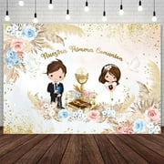 Nuestra Primera Comunion Backdrop for Twins Baptism God Bless First Holy Communion Christening Party Decorations Boho Blue Pink Floral Gold Peace Doves Party Banner Photo Studio Props
