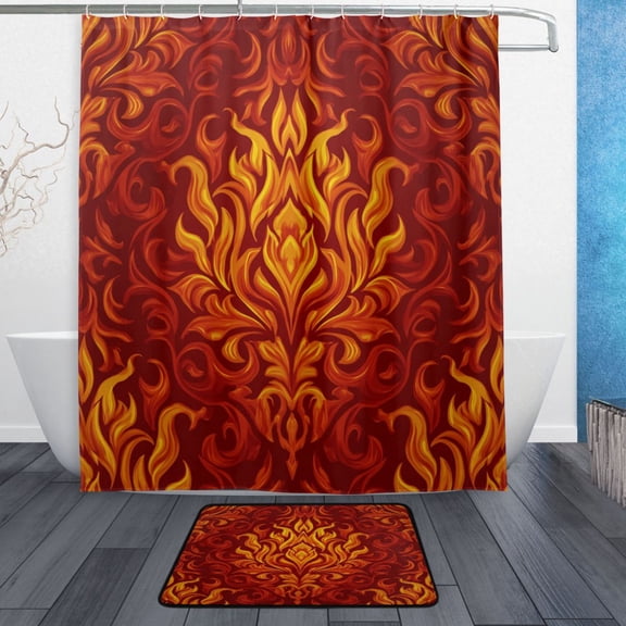 TTYFWHD 60" x 72" Shower Curtain and Bath Mat Set Ornate Flame Damask Print Waterproof Bathroom Curtain with 12 Hooks, Bathroom Decor Set