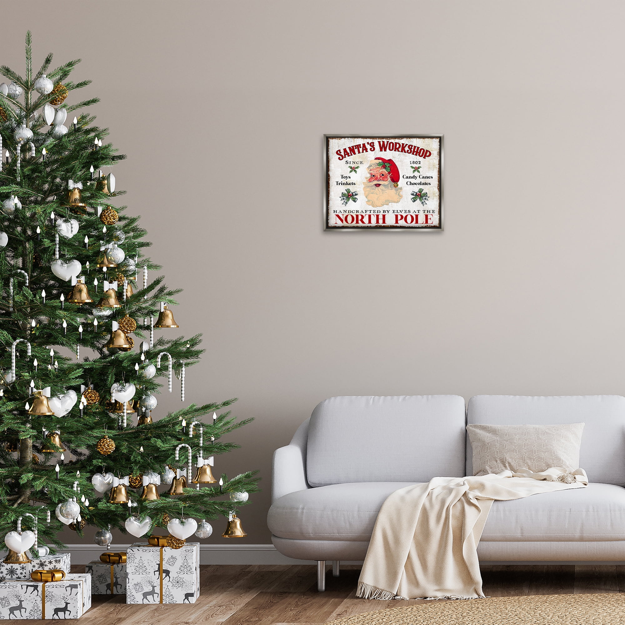 Stupell Industries North Pole Santa's Workshop Holiday Painting Gray Floater Framed Canvas Art Prints Wall Art, 21 x 17