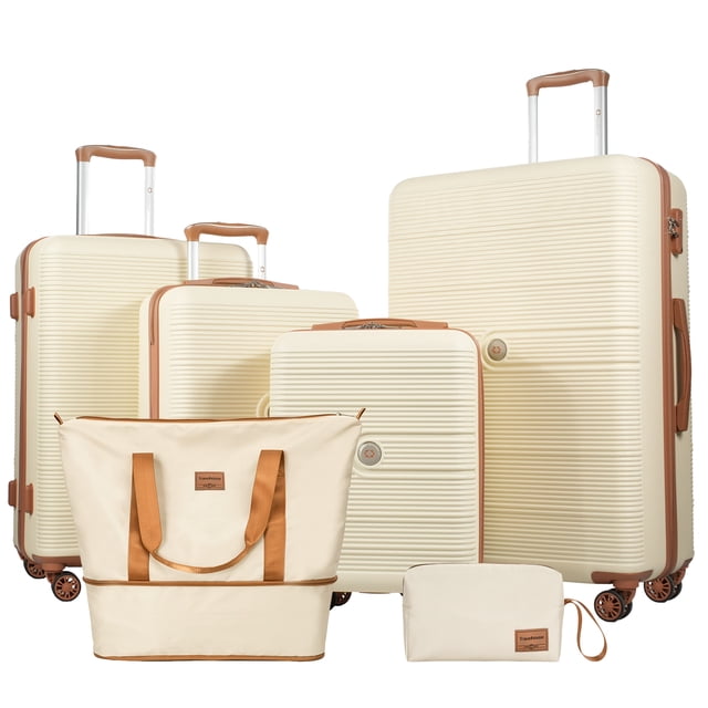 Travelhouse Ensemble de 6 Pcs de Bagages Rigides pour Voyageurs en Famille, Valise Légère à Rayures avec Serrure TSA, Roues Pivotantes 360 et Sac de Sport Assorti, Blanc