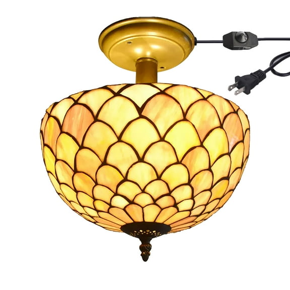 Kiven 11.8in Flush Mount Ceiling Light Fixture Dimmable, 2-Light Anti Glare Close to Ceiling Light with 15FT Plug-in Cord, Tiffany-Style Glass Chandelier for Bedroom Kitchen Hallway(No.3186)