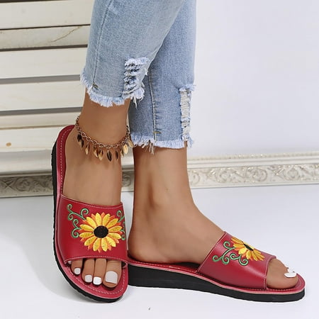 

Gzztg Slippers for Women Summer Ladies Sandals Casual Women s Shoes Lightweight Sunflower Embroidered Slippers