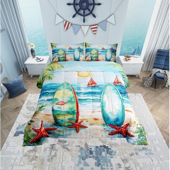 Erosebridal Beach Surfboard Bedding Twin Comforter Set, Summer Holiday Down Comforter, Cute Starfish Reversible Comforters & Duvets, Breathable Room Decorative, 2pcs