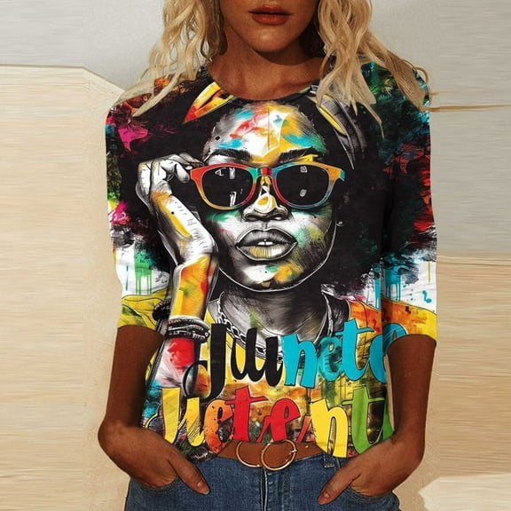 LYEAA African American Apparel Women 3/4 Sleeve Round Neck Tops Ethnic Print Cotton Shirt Loose Fit Casual Daily Cultural Outfit Multicolor S