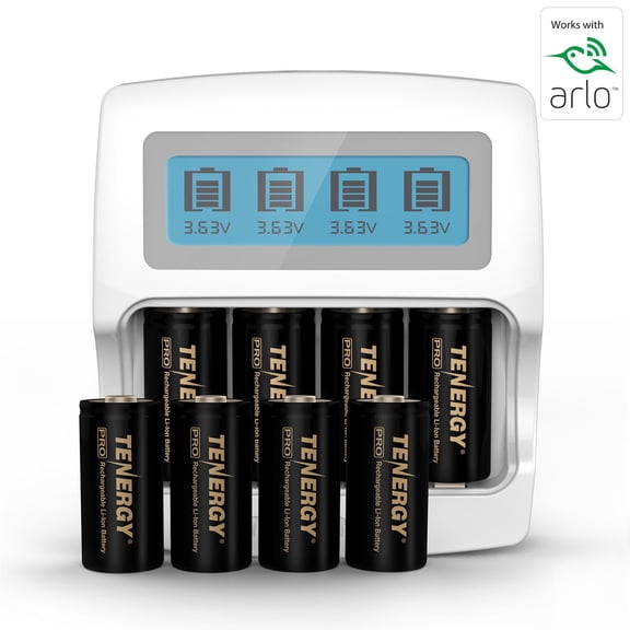 Tenergy 8-Pack Premium RCR123A Rechargeable Batteries and LCD Fast Charger, 3.7V 750mAh Li-ion Replacement for Arlo VMC3030, VMS3130, 3230
