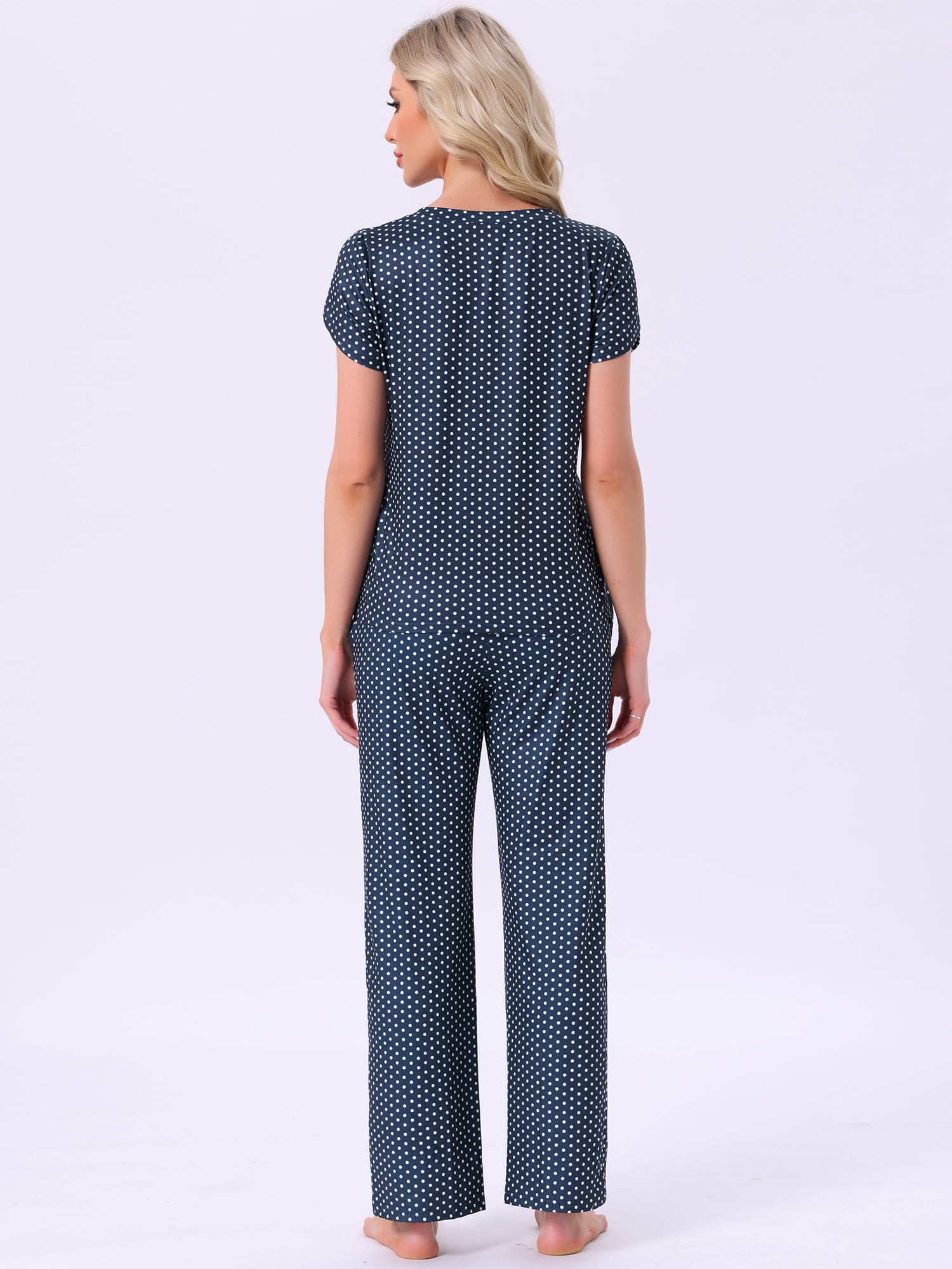 DARING DIVA Pajamas V Neck Top Drawstring Pants Sleepwear Lounge Sets S Blue Dot