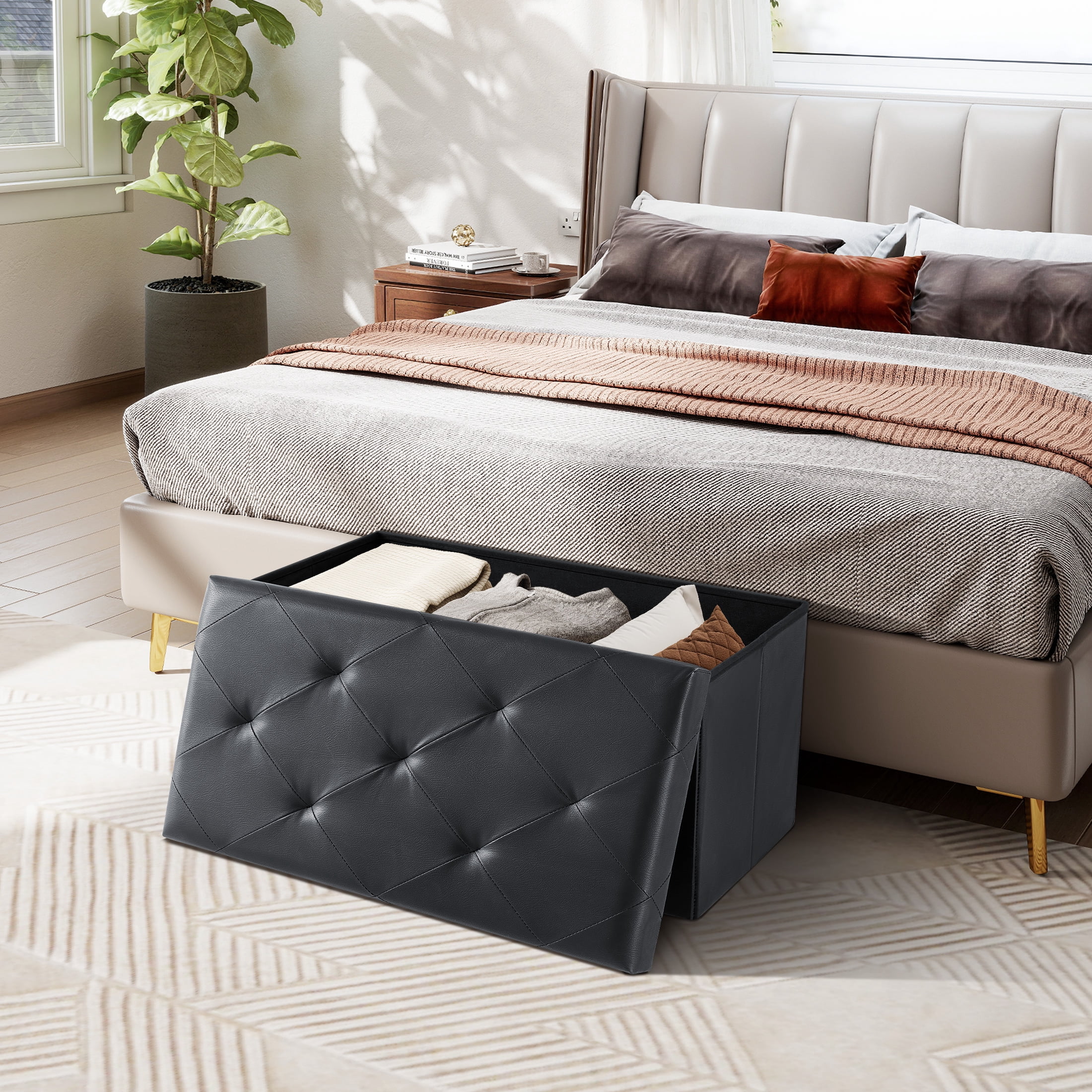 EDX 30" PVC Ottoman Bench, Folable Storage Bench for Bedroom, 29Gal Capacity, Ottoman Foot Rest Bench for Livingroom, Entryway, Black
