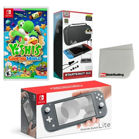 Nintendo Switch Lite Console Gray with Yoshi's Crafted World, Accessory Starter Kit and Screen Cleaning Cloth Bundle