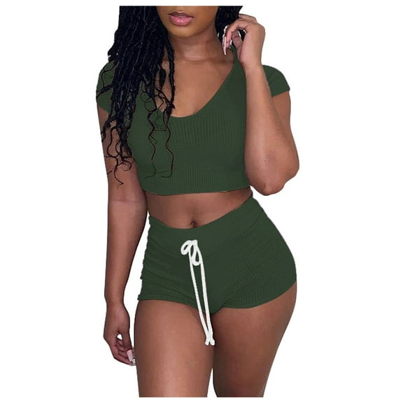 REALiKUN Workout Sets for Women 2 Piece Seamless Ribbed Crop Tank High Waist Shorts Yoga Outfits Army Green L