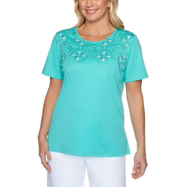 Alfred Dunner Alfred Dunner Women's Miami Beach Cutout Knit Top Petite Size, Turquoise