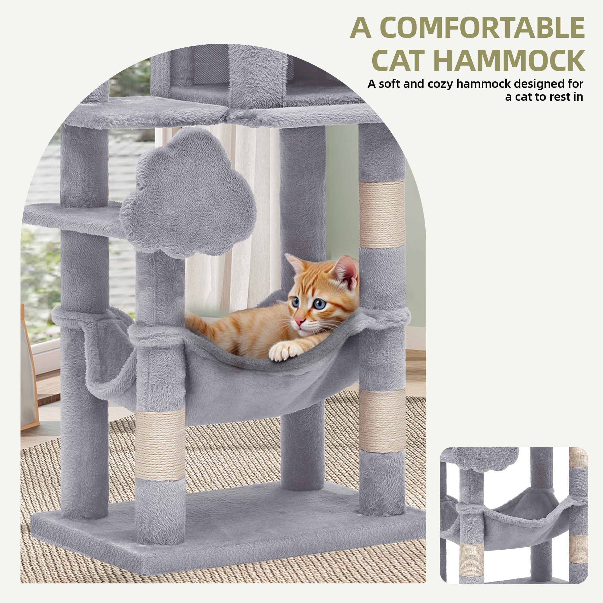 Uforic 44" Cat Tree Tower, with Scratch Posts, Condo, Hammock, Toys, Light Gray