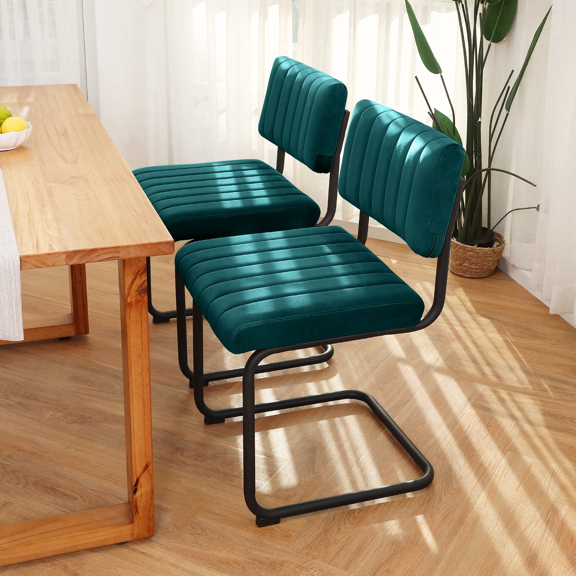 Zesthouse Mid Century Modern Dining Chairs Set of 2, Velvet Upholstered Dining Room Chairs with Metal Legs, Tufted Channel Kitchen Chairs for Dining Living Room, Teal