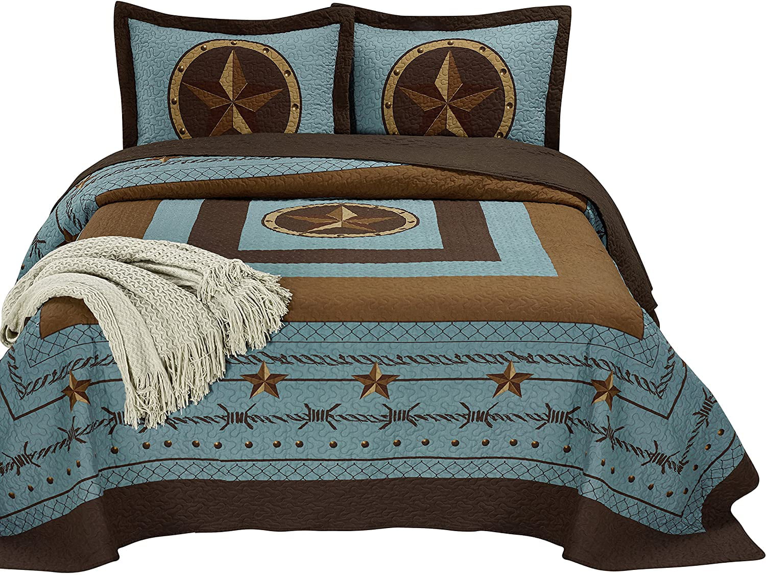 3pcs Turquoise Rustic Southwestern Star Pre-Washed Oversized Coverlet Quilt Set 