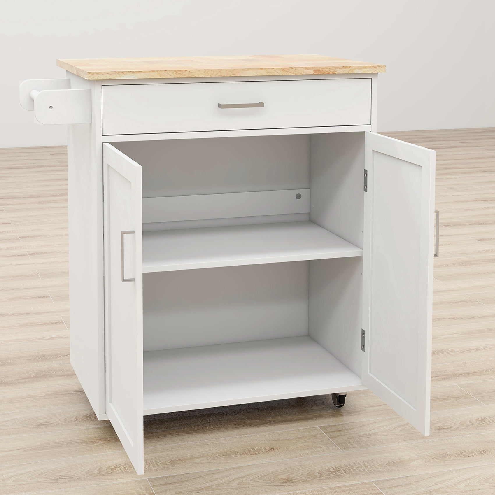 Small Kitchen Island on Wheel with Storage, Rolling Kitchen Island Cart with Drawer, Storage Cabinet and Rubber Wood Countertop, Rolling Trolley Cart with Towel Rack for Kitchen (White)