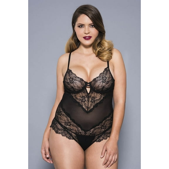 Music Legs Women's Plus size flower lace and back mesh teddy with underwire cup 80041Q-BLACK