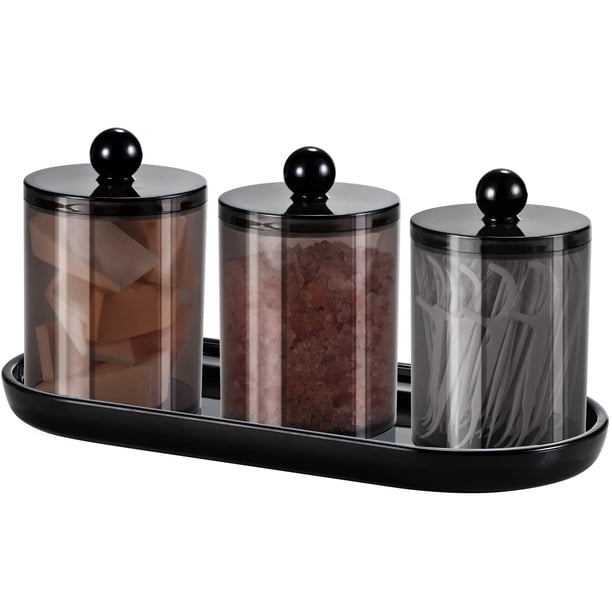 Set de baño Qtip Holder SheeChung life, 4 piezas con bandeja negra