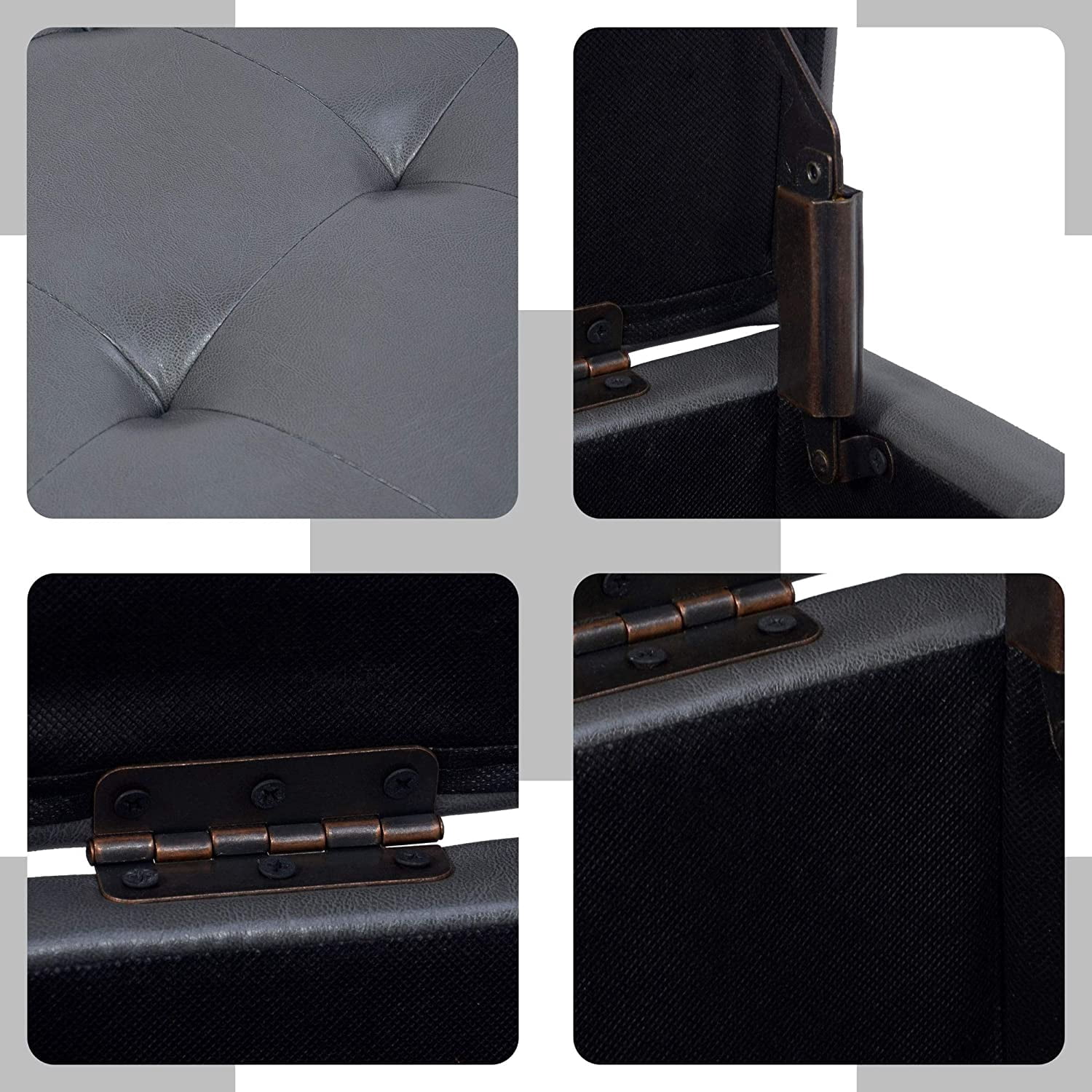 Tufted Leather Square Ottoman with Storage and Hinged Lid, Foot Rest Cube Footstool,Dark Grey ST-SOPUGY7