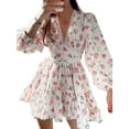 thumbnail image 1 of xiaxaixu Robes Mini pour Femmes, Imprimé Floral Été Manches Longues Col en V Profond Taille Haute Robe Trapèze, 1 of 5