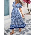 thumbnail image 4 of Womens Blue & White Floral V-Neck Waist-Gathered A-Line Flare Sleeve Maxi Dress, Spring Summer Casual Vacation, 4 of 8