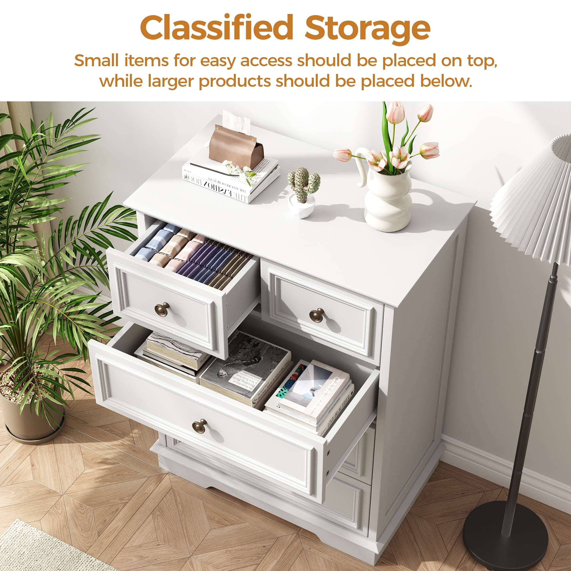 NEGYLIM White 5 Drawer Dresser for Bedroom, Rustic Chest of Drawers, Wood Storage Cabinet Organizer with Antique Bronze Round Handles for Living Room,Entryway, Small Spaces